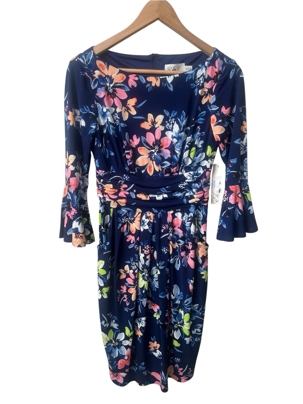 Eliza J Floral Fit & Flare Dress Size 2 Navy Bell Sleeve Ruched Waist NWT